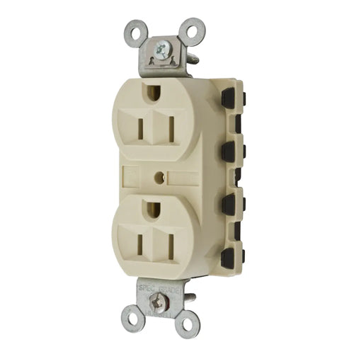 Hubbell SNAP5262IA, SNAPConnect Extra Heavy Duty Receptacles, Specification Grade, Duplex, Finder Groove, Nylon Face, 15A 125V, 5-15R, 2-Pole 3-Wire Grounding, Ivory