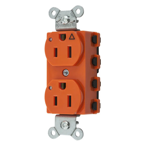 Hubbell SNAP5262IGL, SNAPConnect Extra Heavy Duty Receptacles, Specification Grade, Duplex, Isolated Ground, LED Indicator, 15A 125V, 5-15R, 2-Pole 3-Wire Grounding, Orange