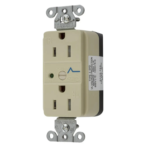 Hubbell SNAP5262IS, SNAPConnect Surge Protection Duplex Receptacles, Tamper Resistant, LED Indicator, Smooth Face, 15A 125V, 5-15R, 2-Pole 3-Wire Grounding, Ivory