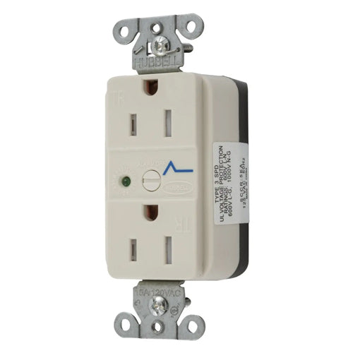 Hubbell SNAP5262LAS, SNAPConnect Surge Protection Duplex Receptacles, Tamper Resistant, LED Indicator, Smooth Face, 15A 125V, 5-15R, 2-Pole 3-Wire Grounding, Light Almond