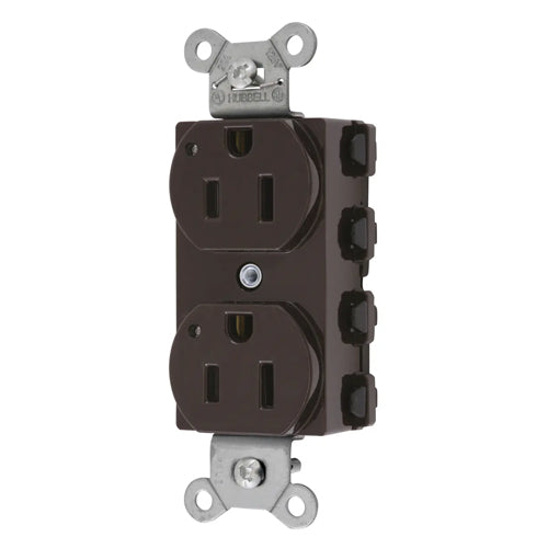 Hubbell SNAP5262L, SNAPConnect Extra Heavy Duty Receptacles, Specification Grade, Duplex, LED Indicator, Smooth Nylon Face, 15A 125V, 5-15R, 2-Pole 3-Wire Grounding, Brown