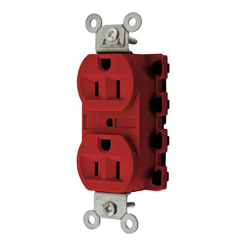 Hubbell SNAP5262RA, SNAPConnect Extra Heavy Duty Receptacles, Specification Grade, Duplex, Finder Groove, Nylon Face, 15A 125V, 5-15R, 2-Pole 3-Wire Grounding, Red