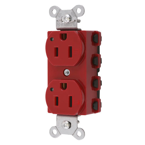 Hubbell SNAP5262RL, SNAPConnect Extra Heavy Duty Receptacles, Specification Grade, Duplex, LED Indicator, Smooth Nylon Face, 15A 125V, 5-15R, 2-Pole 3-Wire Grounding, Red