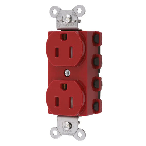 Hubbell SNAP5262RTRA, SNAPConnect Extra Heavy Duty Receptacles, Specification Grade, Duplex, Tamper Resistant, Smooth Nylon Face, 15A 125V, 5-15R, 2-Pole 3-Wire Grounding, Red