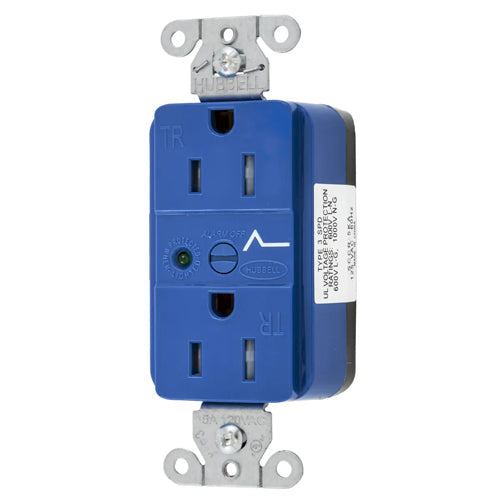 Hubbell SNAP5262S, SNAPConnect Surge Protection Duplex Receptacles, Tamper Resistant, LED Indicator, Smooth Face, 15A 125V, 5-15R, 2-Pole 3-Wire Grounding, Blue