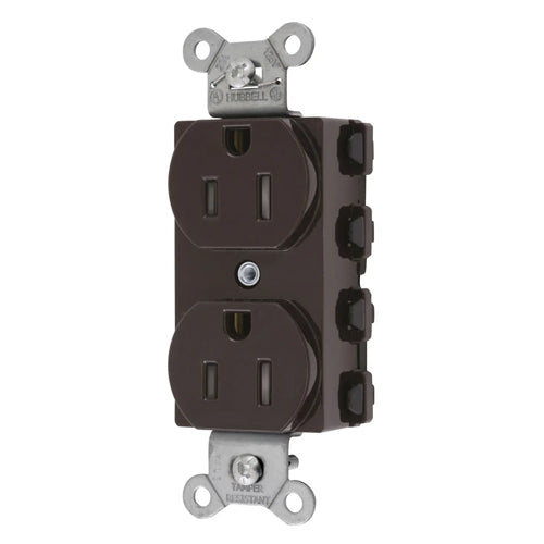 Hubbell SNAP5262TRA, SNAPConnect Extra Heavy Duty Receptacles, Specification Grade, Duplex, Tamper Resistant, Smooth Nylon Face, 15A 125V, 5-15R, 2-Pole 3-Wire Grounding, Brown