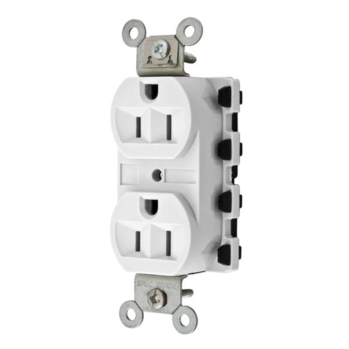 Hubbell SNAP5262WA, SNAPConnect Extra Heavy Duty Receptacles, Specification Grade, Duplex, Finder Groove, Nylon Face, 15A 125V, 5-15R, 2-Pole 3-Wire Grounding, White