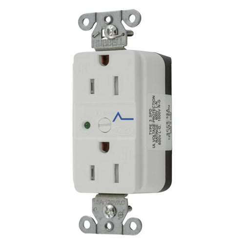 Hubbell SNAP5262WS. SNAPConnect Surge Protection Duplex Receptacles, Tamper Resistant, LED Indicator, Smooth Face, 15A 125V, 5-15R, 2-Pole 3-Wire Grounding, White