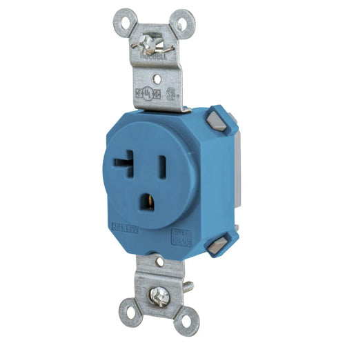 Hubbell SNAP5361BL, SNAPConnect Extra Heavy Duty Standard Single Receptacles, Smooth Nylon Face, 20A 125V, 5-20R, 2-Pole 3-Wire Grounding, Blue