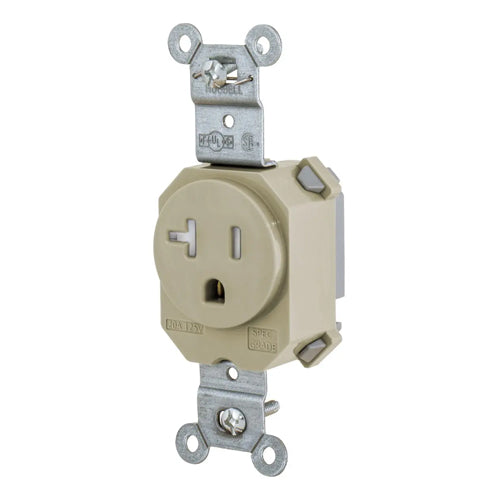 Hubbell SNAP5361ITR, SNAPConnect Extra Heavy Duty Standard Single Receptacles, Smooth Nylon Face, Tamper Resistant, 20A 125V, 5-20R, 2-Pole 3-Wire Grounding, Ivory