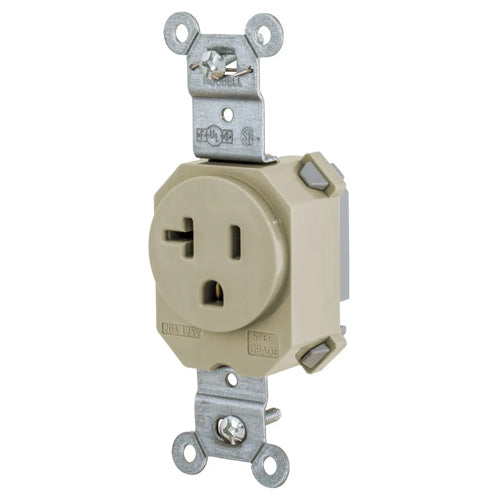 Hubbell SNAP5361I, SNAPConnect Extra Heavy Duty Standard Single Receptacles, Smooth Nylon Face, 20A 125V, 5-20R, 2-Pole 3-Wire Grounding, Ivory