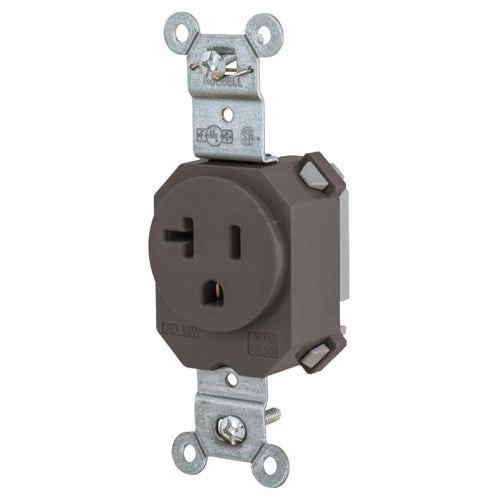 Hubbell SNAP5361, SNAPConnect Extra Heavy Duty Standard Single Receptacles, Smooth Nylon Face, 20A 125V, 5-20R, 2-Pole 3-Wire Grounding, Brown