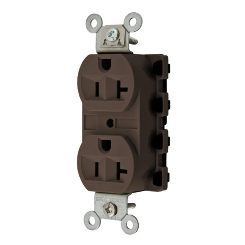 Hubbell SNAP5362A, SNAPConnect Extra Heavy Duty Receptacles, Specification Grade, Duplex, Finder Groove, Nylon Face, 20A 125V, 5-20R, 2-Pole 3-Wire Grounding, Brown