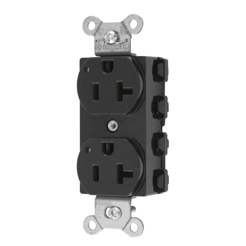 Hubbell SNAP5362BKL, SNAPConnect Extra Heavy Duty Receptacles, Specification Grade, Duplex, LED Indicator, Smooth Nylon Face, 20A 125V, 5-20R, 2-Pole 3-Wire Grounding, Black