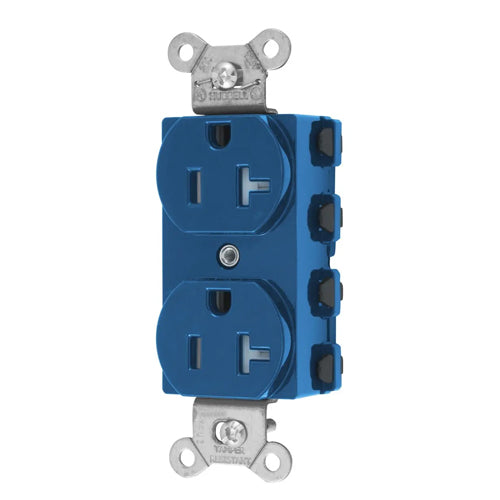 Hubbell SNAP5362BLTRA, SNAPConnect Extra Heavy Duty Receptacles, Specification Grade, Duplex, Tamper Resistant, Smooth Nylon Face, 20A 125V, 5-20R, 2-Pole 3-Wire Grounding, Blue