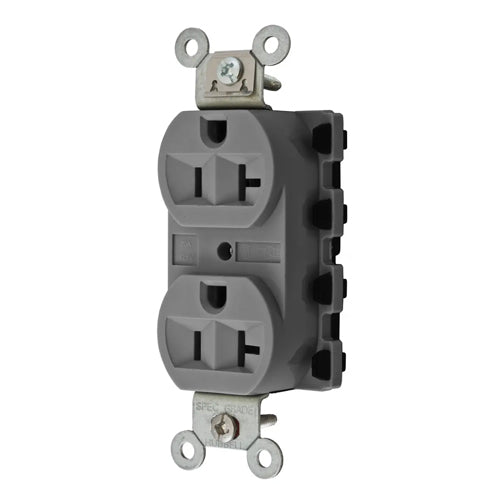 Hubbell SNAP5362GYA, SNAPConnect Extra Heavy Duty Receptacles, Specification Grade, Duplex, Finder Groove, Nylon Face, 20A 125V, 5-20R, 2-Pole 3-Wire Grounding, Gray