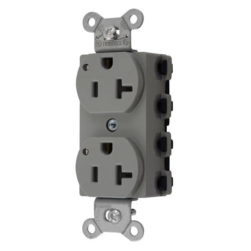 Hubbell SNAP5362GYL, SNAPConnect Extra Heavy Duty Receptacles, Specification Grade, Duplex, LED Indicator, Smooth Nylon Face, 20A 125V, 5-20R, 2-Pole 3-Wire Grounding, Gray