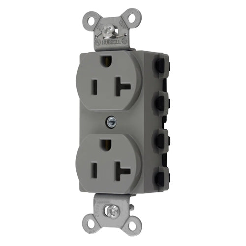 Hubbell SNAP5362GYNA, SNAPConnect Extra Heavy Duty Receptacles, Specification Grade, Duplex, Smooth, Nylon Face, 20A 125V, 5-20R, 2-Pole 3-Wire Grounding, Gray