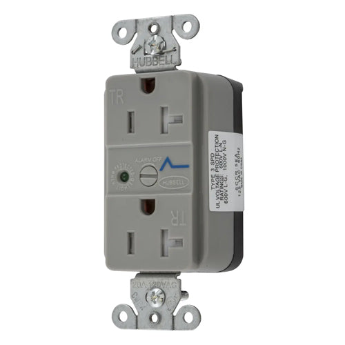 Hubbell SNAP5362GYS, SNAPConnect Surge Protection Duplex Receptacles, Tamper Resistant, LED Indicator, Smooth Face, 20A 125V, 5-20R, 2-Pole 3-Wire Grounding, Gray