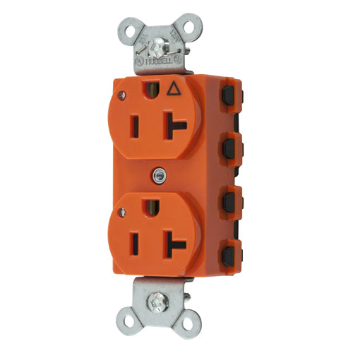 Hubbell SNAP5362IGL, SNAPConnect Extra Heavy Duty Receptacles, Specification Grade, Duplex, Isolated Ground, LED Indicator, 20A 125V, 5-20R, 2-Pole 3-Wire Grounding, Orange