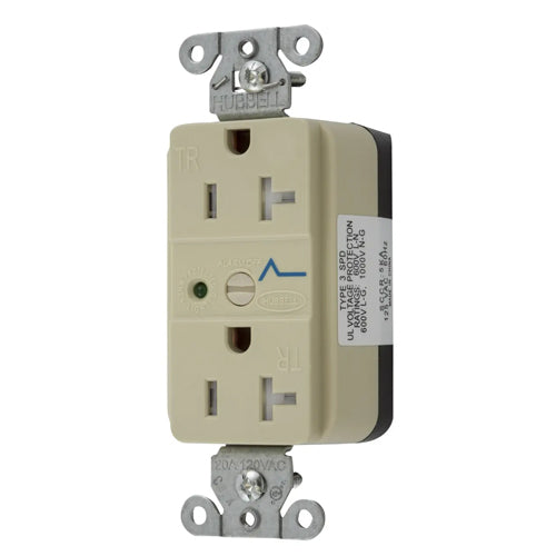 Hubbell SNAP5362IS, SNAPConnect Surge Protection Duplex Receptacles, Tamper Resistant, LED Indicator, Smooth Face, 20A 125V, 5-20R, 2-Pole 3-Wire Grounding, Ivory