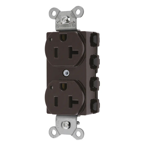 Hubbell SNAP5362L, SNAPConnect Extra Heavy Duty Receptacles, Specification Grade, Duplex, LED Indicator, Smooth Nylon Face, 20A 125V, 5-20R, 2-Pole 3-Wire Grounding, Brown