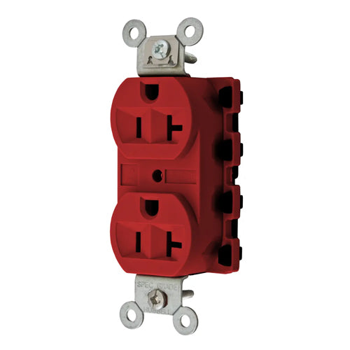 Hubbell SNAP5362RA, SNAPConnect Extra Heavy Duty Receptacles, Specification Grade, Duplex, Finder Groove, Nylon Face, 20A 125V, 5-20R, 2-Pole 3-Wire Grounding, Red