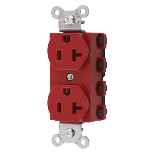 Hubbell SNAP5362RNA, SNAPConnect Extra Heavy Duty Receptacles, Specification Grade, Duplex, Smooth, Nylon Face, 20A 125V, 5-20R, 2-Pole 3-Wire Grounding, Red