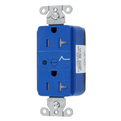 Hubbell SNAP5362S, SNAPConnect Surge Protection Duplex Receptacles, Tamper Resistant, LED Indicator, Smooth Face, 20A 125V, 5-20R, 2-Pole 3-Wire Grounding, Blue