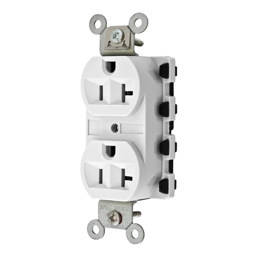 Hubbell SNAP5362WA, SNAPConnect Extra Heavy Duty Receptacles, Specification Grade, Duplex, Finder Groove, Nylon Face, 20A 125V, 5-20R, 2-Pole 3-Wire Grounding, White