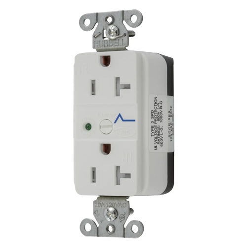 Hubbell SNAP5362WS, SNAPConnect Surge Protection Duplex Receptacles, Tamper Resistant, LED Indicator, Smooth Face, 20A 125V, 5-20R, 2-Pole 3-Wire Grounding, White