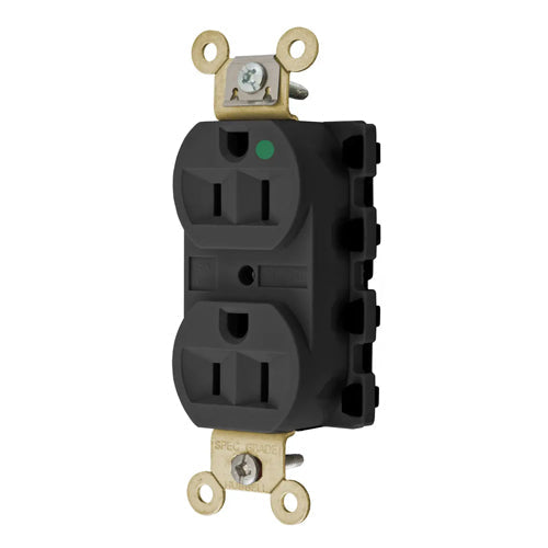 Hubbell SNAP8200BKA, SNAPConnect Extra Heavy Duty Duplex Receptacles, Hospital Grade, Finder Groove, Nylon Face, 15A 125V, 5-15R, 2-Pole 3-Wire Grounding, Black