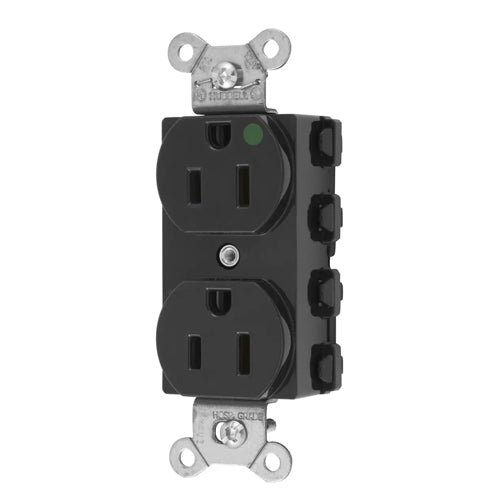 Hubbell SNAP8200BKNA, SNAPConnect Extra Heavy Duty Duplex Receptacles, Hospital Grade, Smooth Nylon Face, 15A 125V, 5-15R, 2-Pole 3-Wire Grounding, Black