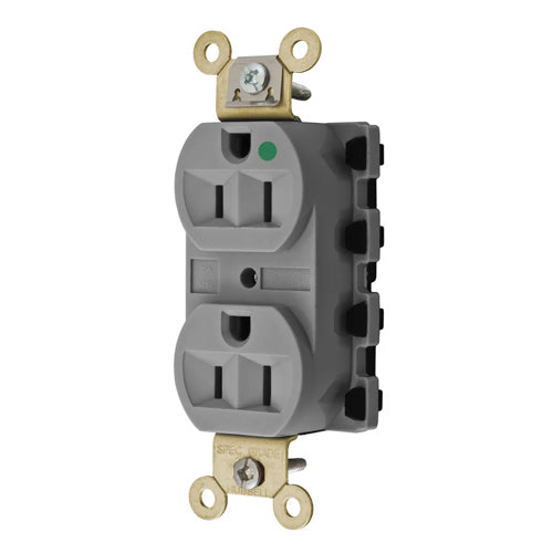 Hubbell SNAP8200GYA, SNAPConnect Extra Heavy Duty Duplex Receptacles, Hospital Grade, Finder Groove, Nylon Face, 15A 125V, 5-15R, 2-Pole 3-Wire Grounding, Gray