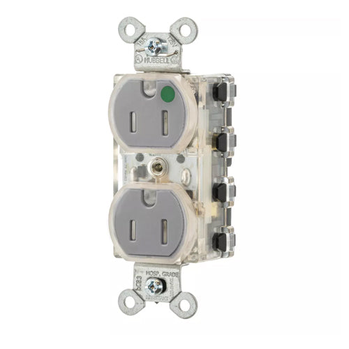 Hubbell SNAP8200GYLTR, SNAPConnect Extra Heavy Duty Duplex Receptacles, Hospital Grade, Tamper Resistant, LED Indicator, Smooth Face, 15A 125V, 5-15R, 2-Pole 3-Wire Grounding, Gray