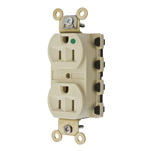 Hubbell SNAP8200IA, SNAPConnect Extra Heavy Duty Duplex Receptacles, Hospital Grade, Finder Groove, Nylon Face, 15A 125V, 5-15R, 2-Pole 3-Wire Grounding, Ivory