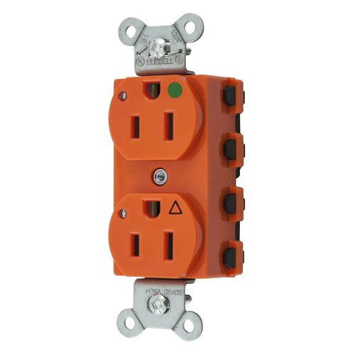 Hubbell SNAP8200IGL, SNAPConnect Extra Heavy Duty Receptacles, Duplex, Hospital Grade, Isolated Ground, LED Indicator, 15A 125V, 5-15R, 2-Pole 3-Wire Grounding, Orange