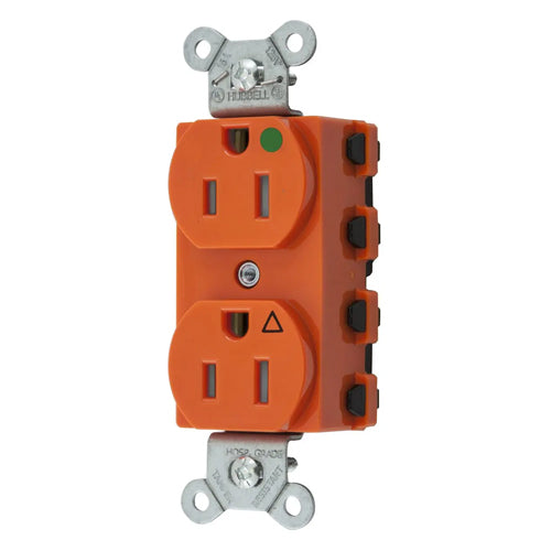 Hubbell SNAP8200IGTRA, SNAPConnect Extra Heavy Duty Duplex Receptacles, Hospital Grade, Isolated Ground, Tamper Resistant, 15A 125V, 5-15R, 2-Pole 3-Wire Grounding, Orange