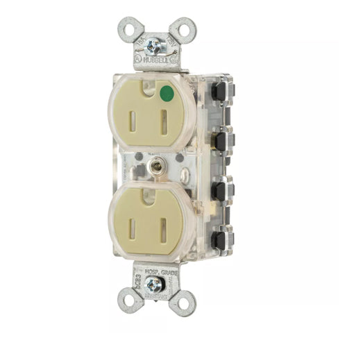 Hubbell SNAP8200ILTR, SNAPConnect Extra Heavy Duty Duplex Receptacles, Hospital Grade, Tamper Resistant, LED Indicator, Smooth Face, 15A 125V, 5-15R, 2-Pole 3-Wire Grounding, Ivory