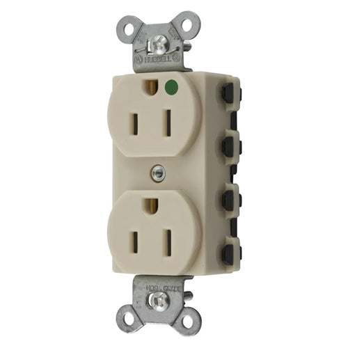 Hubbell SNAP8200INA, SNAPConnect Extra Heavy Duty Duplex Receptacles, Hospital Grade, Smooth Nylon Face, 15A 125V, 5-15R, 2-Pole 3-Wire Grounding, Ivory