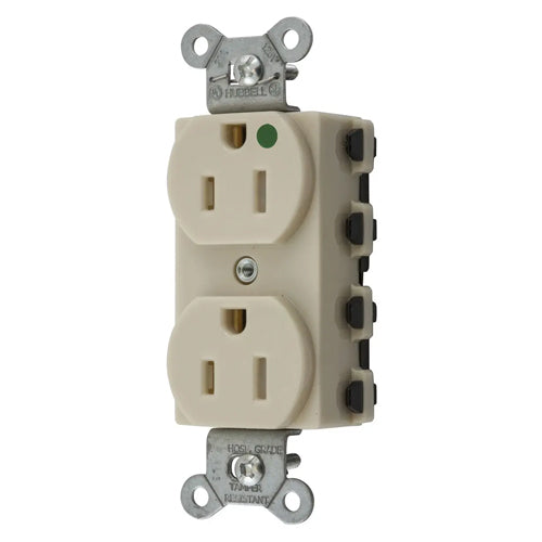 Hubbell SNAP8200ITRA, SNAPConnect Extra Heavy Duty Duplex Receptacles, Hospital Grade, Smooth Nylon Face, Tamper Resistant, 15A 125V, 5-15R, 2-Pole 3-Wire Grounding, Ivory