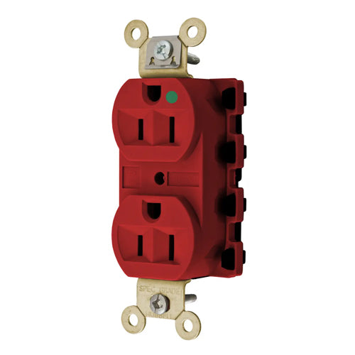 Hubbell SNAP8200RA, SNAPConnect Extra Heavy Duty Duplex Receptacles, Hospital Grade, Finder Groove, Nylon Face, 15A 125V, 5-15R, 2-Pole 3-Wire Grounding, Red