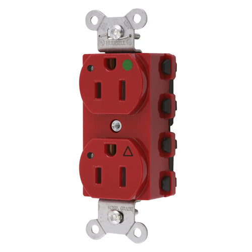 Hubbell SNAP8200RIGL, SNAPConnect Extra Heavy Duty Receptacles, Duplex, Hospital Grade, Isolated Ground, LED Indicator, 15A 125V, 5-15R, 2-Pole 3-Wire Grounding, Red