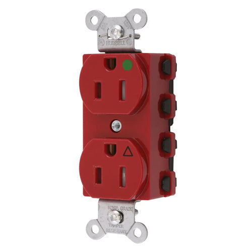 Hubbell SNAP8200RIGTRA, SNAPConnect Extra Heavy Duty Duplex Receptacles, Hospital Grade, Isolated Ground, Tamper Resistant, 15A 125V, 5-15R, 2-Pole 3-Wire Grounding, Red