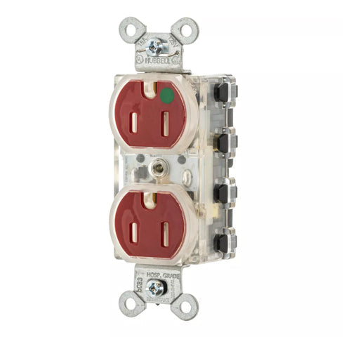 Hubbell SNAP8200RLTR, SNAPConnect Extra Heavy Duty Duplex Receptacles, Hospital Grade, Tamper Resistant, LED Indicator, Smooth Face, 15A 125V, 5-15R, 2-Pole 3-Wire Grounding, Red