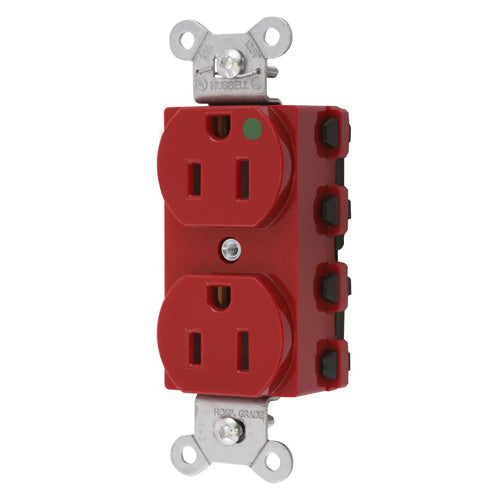 Hubbell SNAP8200RNA, SNAPConnect Extra Heavy Duty Duplex Receptacles, Hospital Grade, Smooth Nylon Face, 15A 125V, 5-15R, 2-Pole 3-Wire Grounding, Red