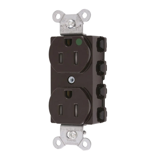 Hubbell SNAP8200TRA, SNAPConnect Extra Heavy Duty Duplex Receptacles, Hospital Grade, Smooth Nylon Face, Tamper Resistant, 15A 125V, 5-15R, 2-Pole 3-Wire Grounding, Brown