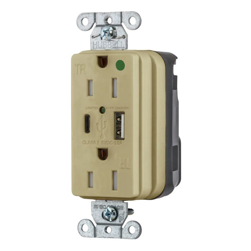 Hubbell SNAP8200UACI, SNAPConnect USB Charger Hospital Grade Duplex Receptacles, Tamper Resistant, Style Line Decorator, Type A & Type-C Port, 15A 125V, 5-15R, 2-Pole 3-Wire Grounding, Ivory