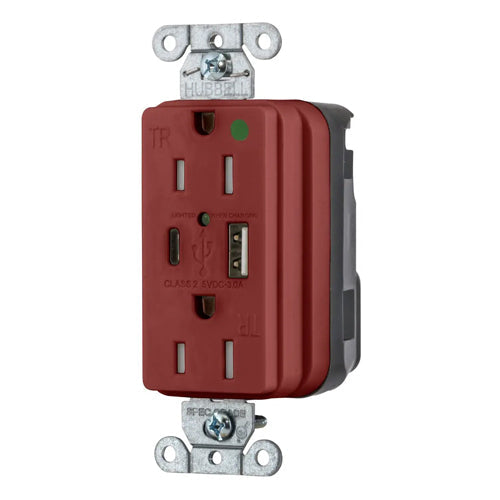 Hubbell SNAP8200UACR, SNAPConnect USB Charger Hospital Grade Duplex Receptacles, Tamper Resistant, Style Line Decorator, Type A & Type-C Port, 15A 125V, 5-15R, 2-Pole 3-Wire Grounding, Red