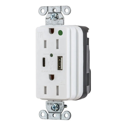 Hubbell SNAP8200UACW, SNAPConnect USB Charger Hospital Grade Duplex Receptacles, Tamper Resistant, Style Line Decorator, Type A & Type-C Port, 15A 125V, 5-15R, 2-Pole 3-Wire Grounding, White